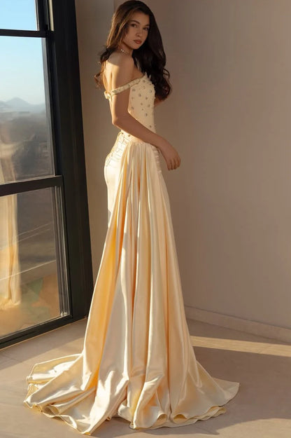 Elegant Off The Shoulder Sweetheart Neckline Beaded Embellished Bodice Ruched Satin Mermaid Evening Dress With Overskirt Train For Formal Evening Wedding Prom Gala