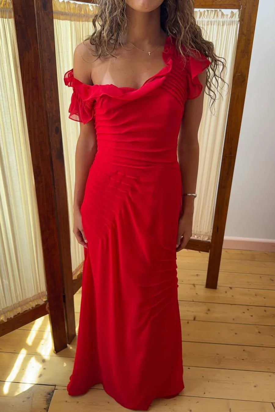 Elegant Off The Shoulder Sweetheart Neckline Ruffle Sleeve Ruched Bodice Mermaid Chiffon Evening Dress For Formal Evening Prom Wedding Guest Bridesmaid Gala