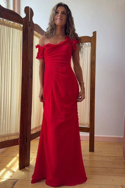 Elegant Off The Shoulder Sweetheart Neckline Ruffle Sleeve Ruched Bodice Mermaid Chiffon Evening Dress For Formal Evening Prom Wedding Guest Bridesmaid Gala