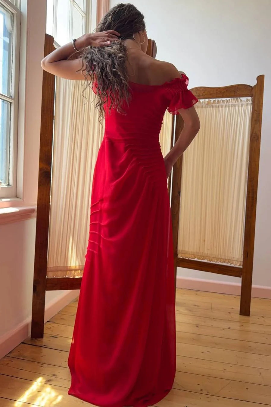 Elegant Off The Shoulder Sweetheart Neckline Ruffle Sleeve Ruched Bodice Mermaid Chiffon Evening Dress For Formal Evening Prom Wedding Guest Bridesmaid Gala