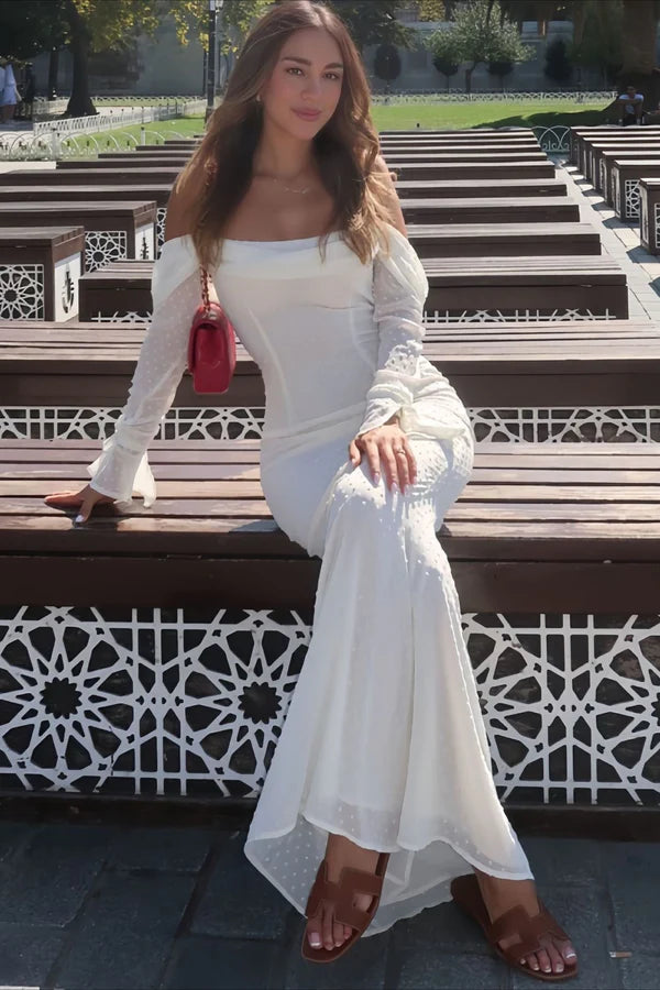Elegant Off The Shoulder Swiss Dot Long Sleeve Bodycon Maxi Prom Dress For Wedding Guest Bridal Shower Formal Evening