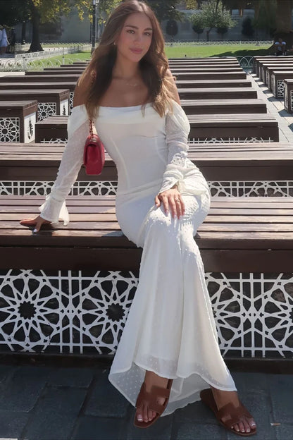Elegant Off The Shoulder Swiss Dot Long Sleeve Bodycon Maxi Prom Dress For Wedding Guest Bridal Shower Formal Evening