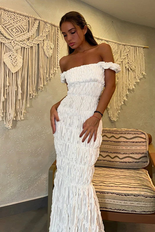 Elegant Off The Shoulder Textured Ruffle Trim Mermaid Maxi Prom Dress For Wedding Guest Bridal Shower Formal Evening
