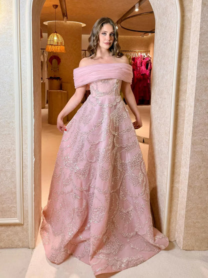 Elegant Off The Shoulder Tulle Sequin A-Line Maxi Prom Dress