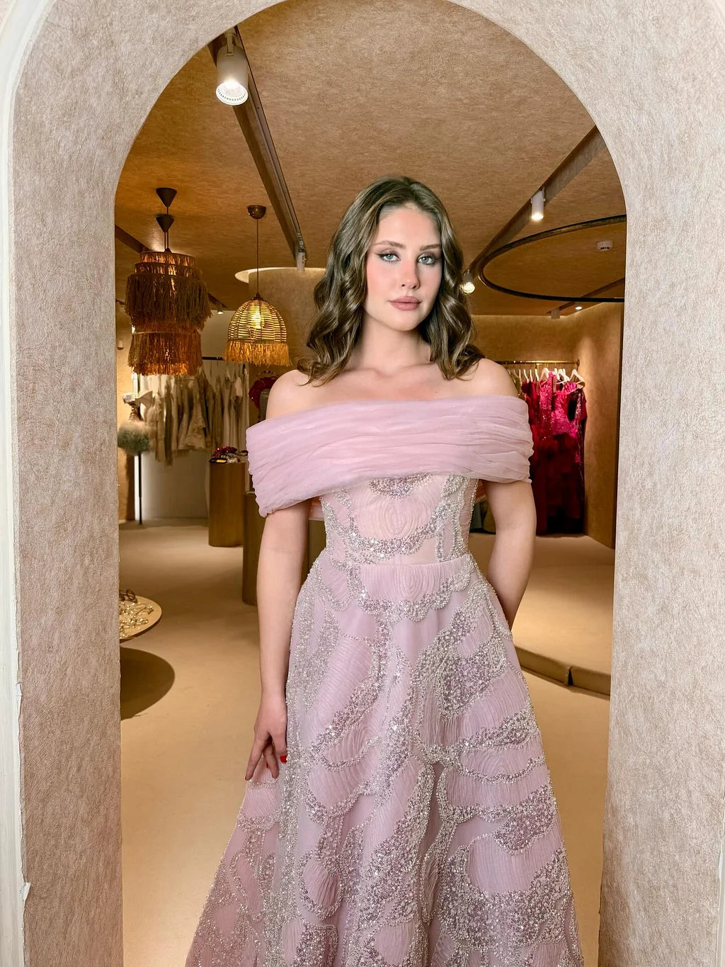 Elegant Off The Shoulder Tulle Sequin A-Line Maxi Prom Dress