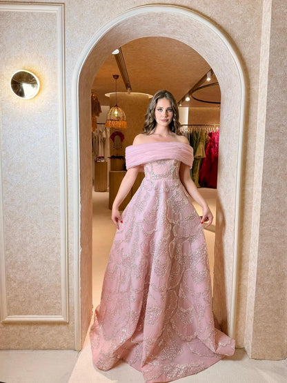 Elegant Off The Shoulder Tulle Sequin A-Line Maxi Prom Dress