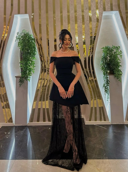 Elegant Off The Shoulder V Back Lace Insert Flared Skirt Maxi Prom Dress For Formal Evening Red Carpet