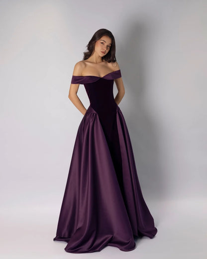 Elegant Off The Shoulder Velvet Satin Ball Gown Maxi Prom Dress For Formal Evening Red Carpet