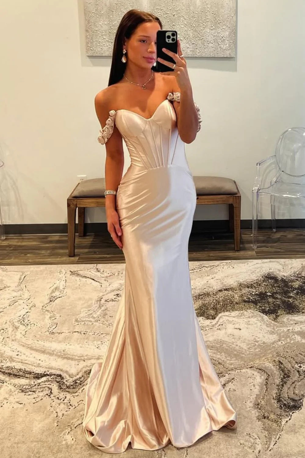 Elegant Off the Shoulder 3D Floral Applique Satin Mermaid Prom Dress with Sweep Train