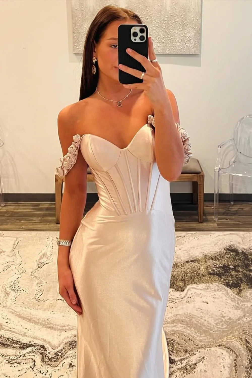 Elegant Off the Shoulder 3D Floral Applique Satin Mermaid Prom Dress with Sweep Train