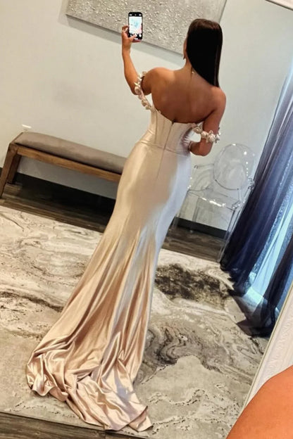 Elegant Off the Shoulder 3D Floral Applique Satin Mermaid Prom Dress with Sweep Train