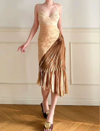 Elegant Ombre Brown Halter Neck Prom Dress With Pleated Asymmetrical Fringe Skirt For Formal Evening Party