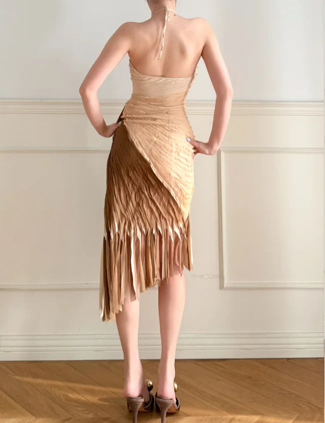 Elegant Ombre Brown Halter Neck Prom Dress With Pleated Asymmetrical Fringe Skirt For Formal Evening Party