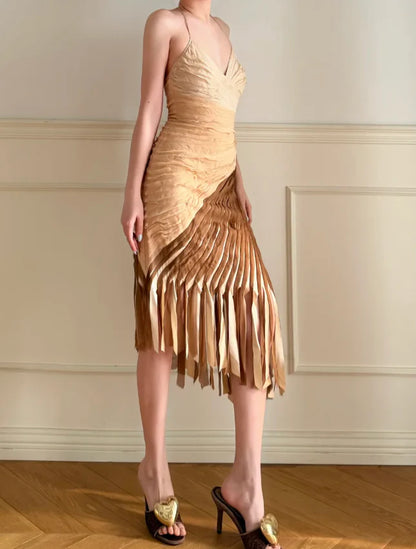 Elegant Ombre Brown Halter Neck Prom Dress With Pleated Asymmetrical Fringe Skirt For Formal Evening Party
