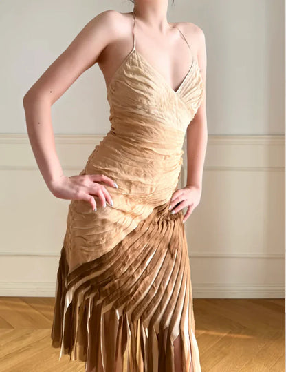 Elegant Ombre Brown Halter Neck Prom Dress With Pleated Asymmetrical Fringe Skirt For Formal Evening Party
