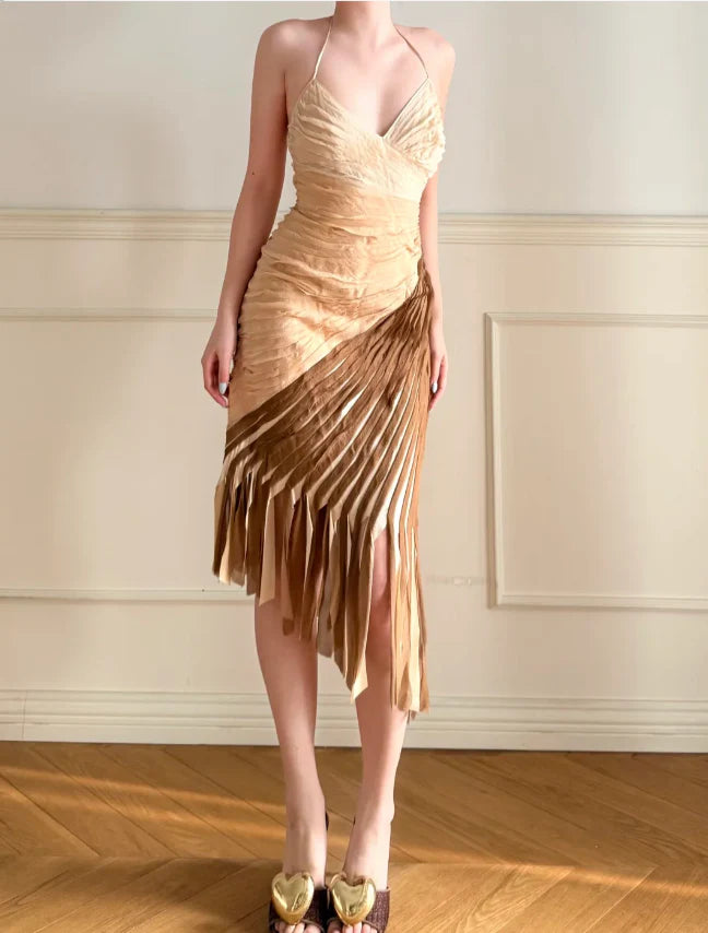 Elegant Ombre Brown Halter Neck Prom Dress With Pleated Asymmetrical Fringe Skirt For Formal Evening Party