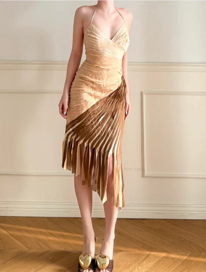 Elegant Ombre Brown Halter Neck Prom Dress With Pleated Asymmetrical Fringe Skirt For Formal Evening Party