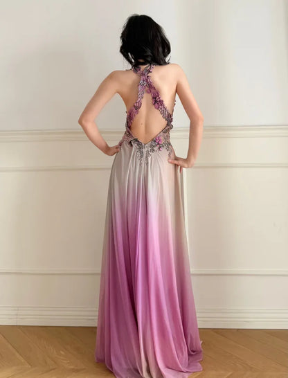 Elegant Ombre Pink Halter Neck Prom Dress With Floral Applique Bodice And Open Back For Formal Evening Party