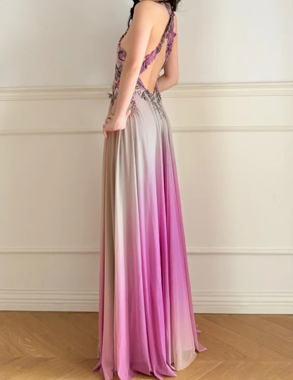 Elegant Ombre Pink Halter Neck Prom Dress With Floral Applique Bodice And Open Back For Formal Evening Party