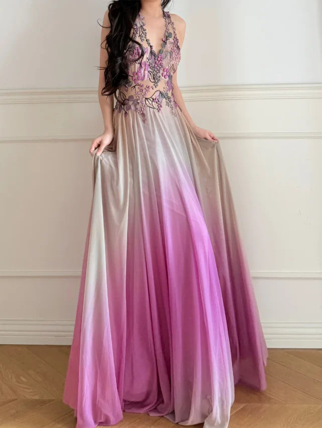 Elegant Ombre Pink Halter Neck Prom Dress With Floral Applique Bodice And Open Back For Formal Evening Party