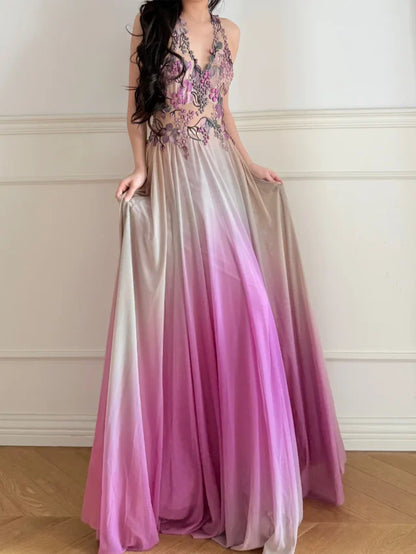 Elegant Ombre Pink Halter Neck Prom Dress With Floral Applique Bodice And Open Back For Formal Evening Party