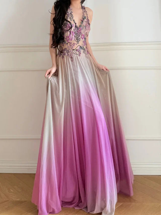 Elegant Ombre Pink Halter Neck Prom Dress With Floral Applique Bodice And Open Back For Formal Evening Party