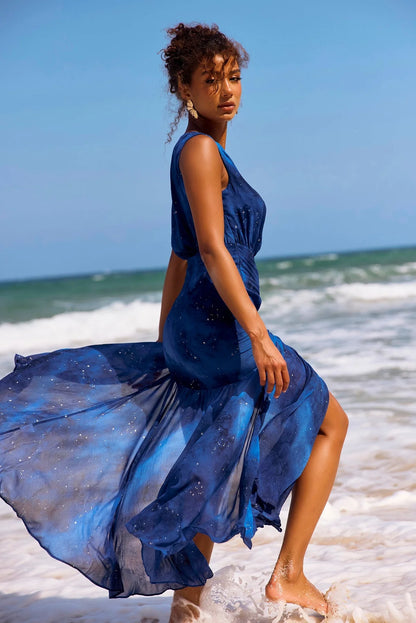 Elegant One Shoulder Asymmetric Neckline High Slit Galaxy Print Beaded Chiffon A Line Maxi Prom Dress For Formal Evening Gala Wedding Guest Bridesmaid Vacation