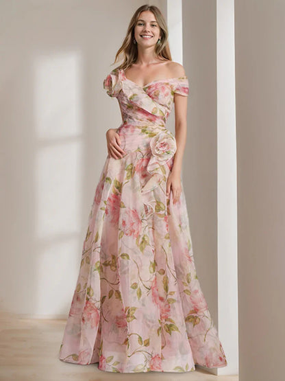 Elegant One Shoulder Asymmetrical Neck Floral Print 3D Flower Applique Organza A Line Maxi Prom Dress For Formal Evening Gala Wedding Guest Bridesmaid