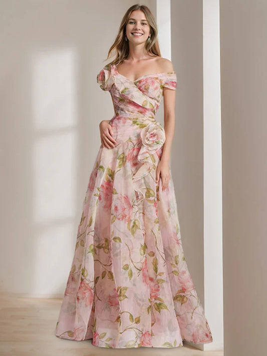 Elegant One Shoulder Asymmetrical Neck Floral Print 3D Flower Applique Organza A Line Maxi Prom Dress For Formal Evening Gala Wedding Guest Bridesmaid