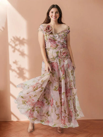 Elegant One Shoulder Asymmetrical Neck Floral Print 3D Flower Applique Organza A Line Maxi Prom Dress For Formal Evening Gala Wedding Guest Bridesmaid