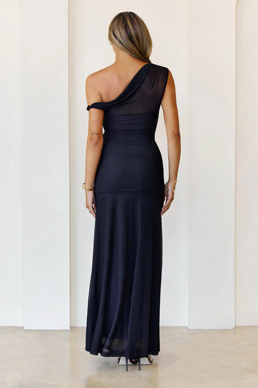 Elegant One Shoulder Asymmetrical Neckline Ruched Bodice Sheer Mesh Overlay Mermaid Maxi Evening Dress For Formal Evening Prom Wedding Guest Gala Cocktail Party