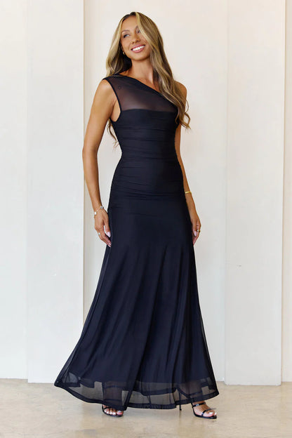 Elegant One Shoulder Asymmetrical Neckline Ruched Bodice Sheer Mesh Overlay Mermaid Maxi Evening Dress For Formal Evening Prom Wedding Guest Gala Cocktail Party