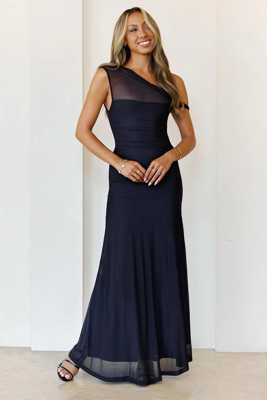 Elegant One Shoulder Asymmetrical Neckline Ruched Bodice Sheer Mesh Overlay Mermaid Maxi Evening Dress For Formal Evening Prom Wedding Guest Gala Cocktail Party