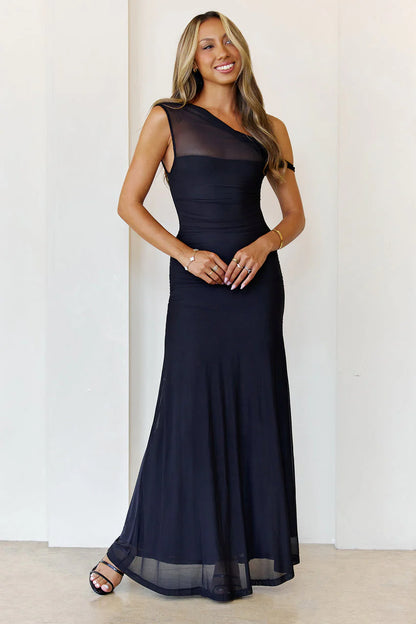 Elegant One Shoulder Asymmetrical Neckline Ruched Bodice Sheer Mesh Overlay Mermaid Maxi Evening Dress For Formal Evening Prom Wedding Guest Gala Cocktail Party