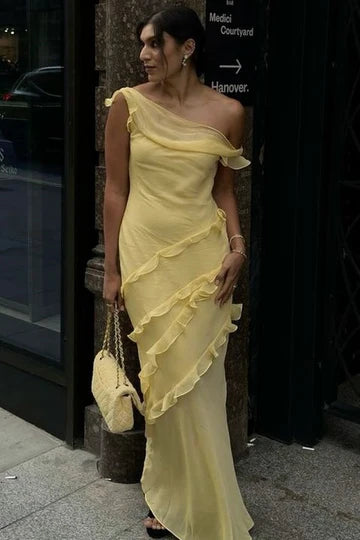 Elegant One Shoulder Asymmetrical Neckline Ruffle Accent Sheer Chiffon Mermaid Evening Dress For Formal Evening Gala Wedding Guest Prom Red Carpet Event