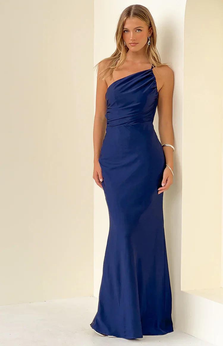 Elegant One Shoulder Cowl Back Ruched Bust Satin Mermaid Maxi Prom Dress
