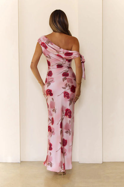 Elegant One Shoulder Draped Bow Detail Rose Floral Print Satin Maxi Evening Dress For Formal Evening Prom Wedding Guest Bridesmaid Cocktail Party Gala
