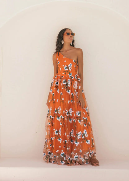 Elegant One Shoulder Floral Embroidery Tulle A Line Maxi Evening Dress For Formal Evening Prom Wedding Guest Bridesmaid Beach Wedding Cocktail Party Gala