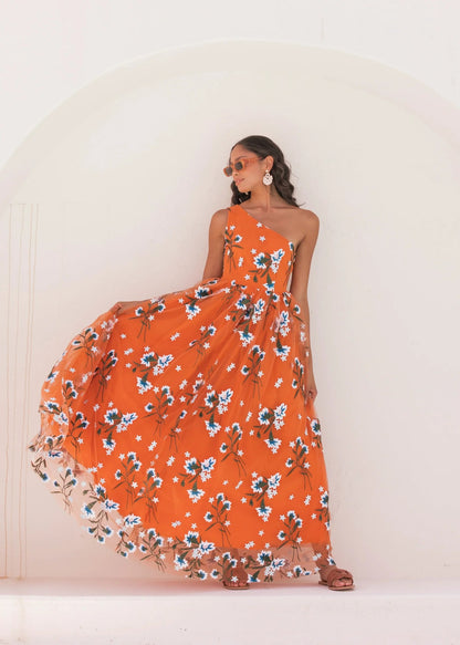 Elegant One Shoulder Floral Embroidery Tulle A Line Maxi Evening Dress For Formal Evening Prom Wedding Guest Bridesmaid Beach Wedding Cocktail Party Gala