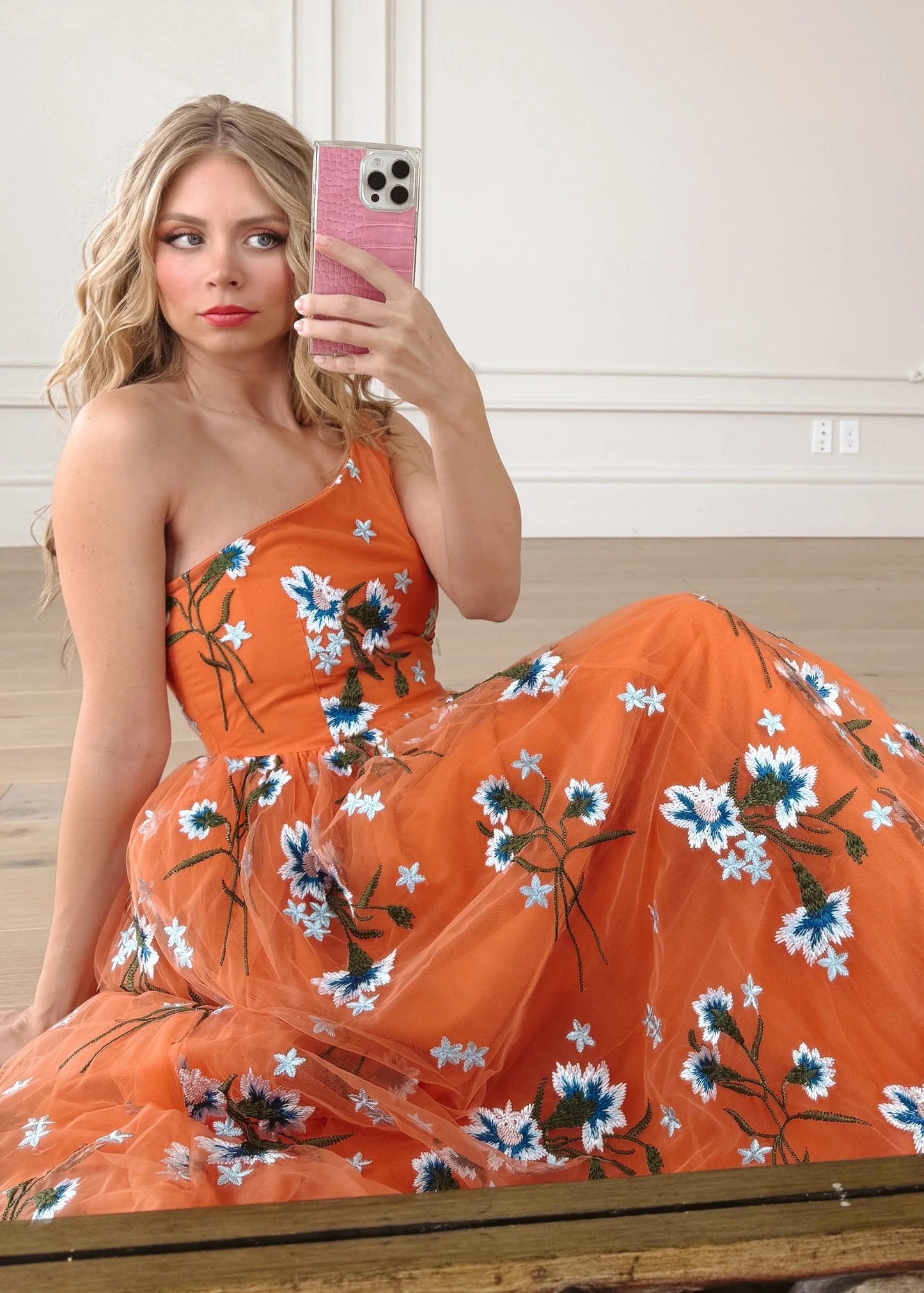 Elegant One Shoulder Floral Embroidery Tulle A Line Maxi Evening Dress For Formal Evening Prom Wedding Guest Bridesmaid Beach Wedding Cocktail Party Gala