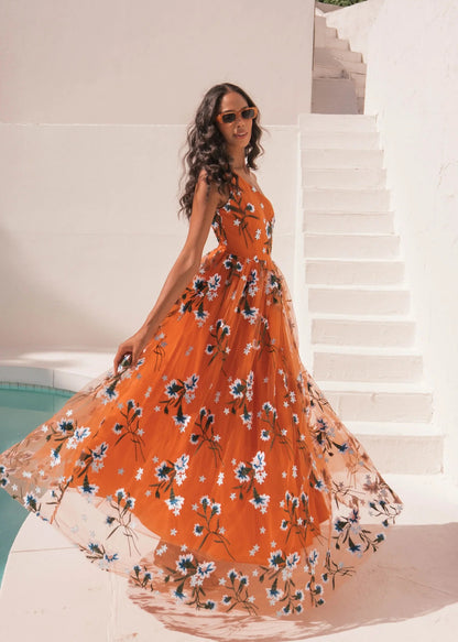 Elegant One Shoulder Floral Embroidery Tulle A Line Maxi Evening Dress For Formal Evening Prom Wedding Guest Bridesmaid Beach Wedding Cocktail Party Gala