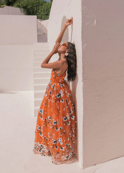 Elegant One Shoulder Floral Embroidery Tulle A Line Maxi Evening Dress For Formal Evening Prom Wedding Guest Bridesmaid Beach Wedding Cocktail Party Gala