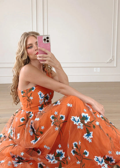 Elegant One Shoulder Floral Embroidery Tulle A Line Maxi Evening Dress For Formal Evening Prom Wedding Guest Bridesmaid Beach Wedding Cocktail Party Gala