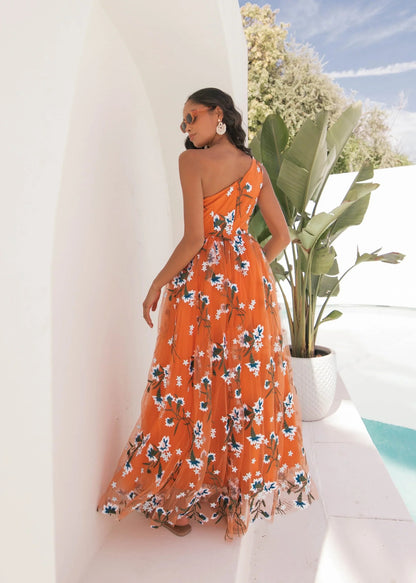 Elegant One Shoulder Floral Embroidery Tulle A Line Maxi Evening Dress For Formal Evening Prom Wedding Guest Bridesmaid Beach Wedding Cocktail Party Gala