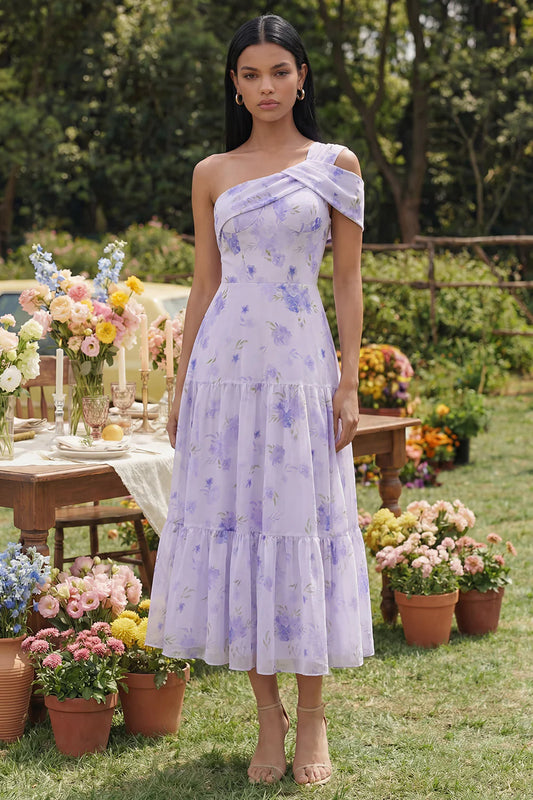 Elegant One Shoulder Floral Print Tiered Chiffon Midi Prom Dress