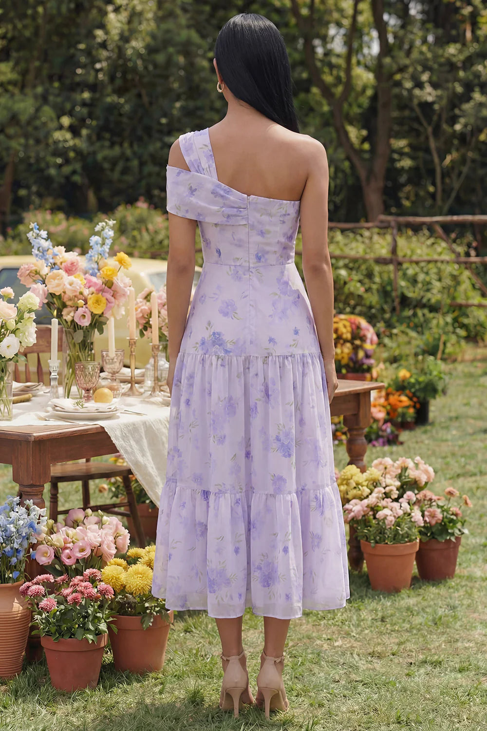 Elegant One Shoulder Floral Print Tiered Chiffon Midi Prom Dress