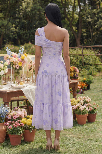 Elegant One Shoulder Floral Print Tiered Chiffon Midi Prom Dress