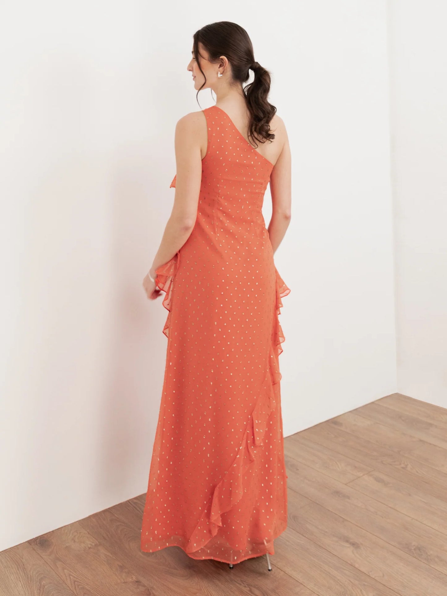 Elegant One Shoulder Metallic Dot Ruffle High Slit Maxi Prom Dress For Formal Evening Gala Wedding Guest Bridesmaid