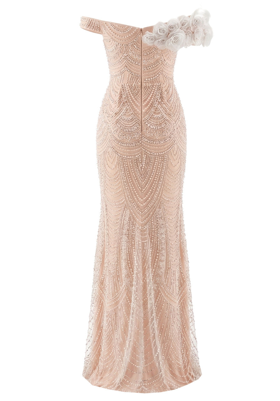 Elegant One Shoulder Off The Shoulder Sweetheart Neck 3D Floral Applique Beaded Mermaid Maxi Prom Dress