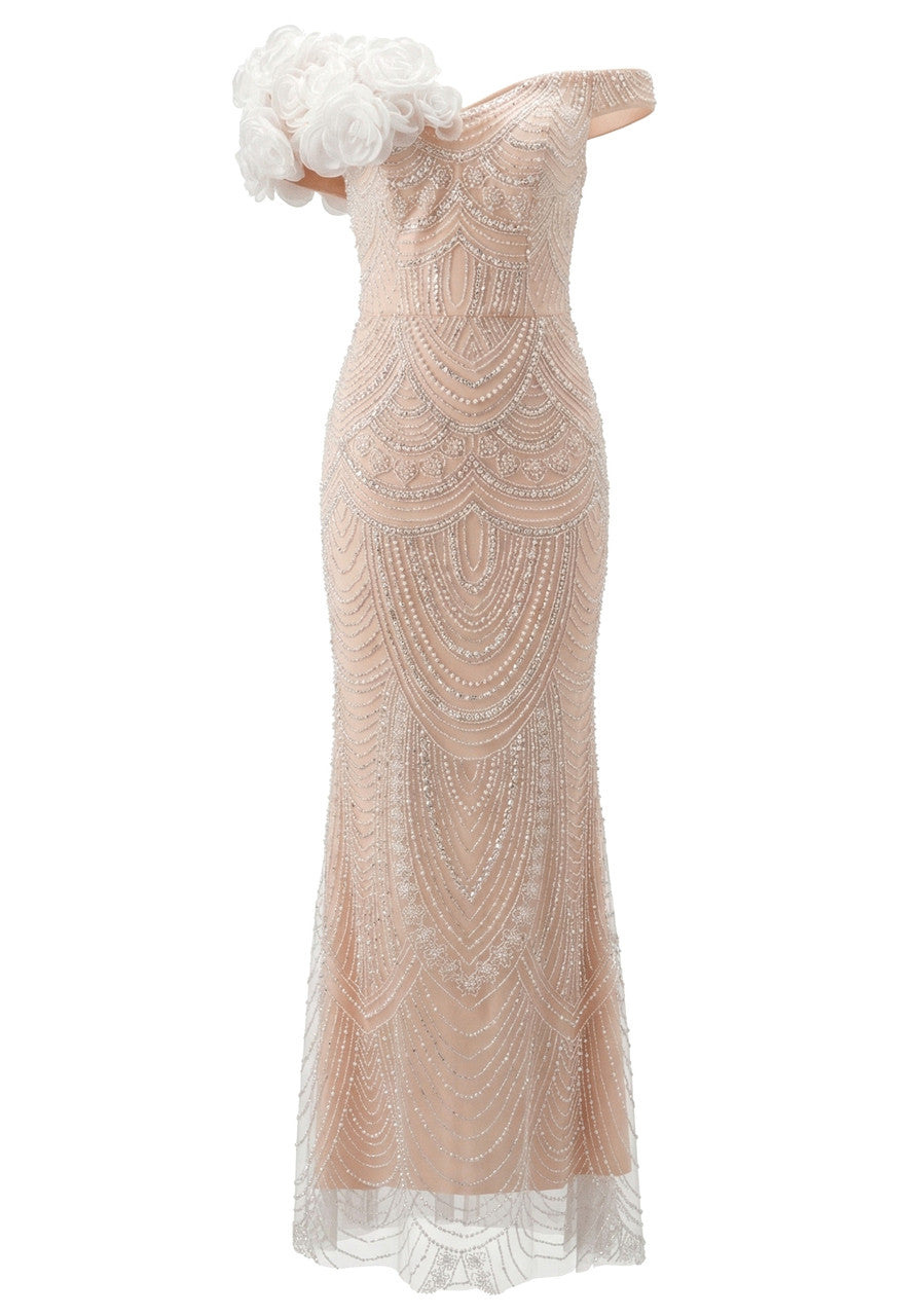 Elegant One Shoulder Off The Shoulder Sweetheart Neck 3D Floral Applique Beaded Mermaid Maxi Prom Dress